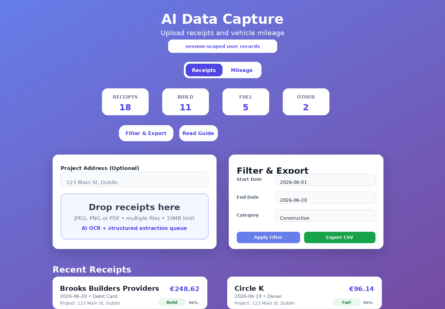 AI Receipt Scanner dashboard