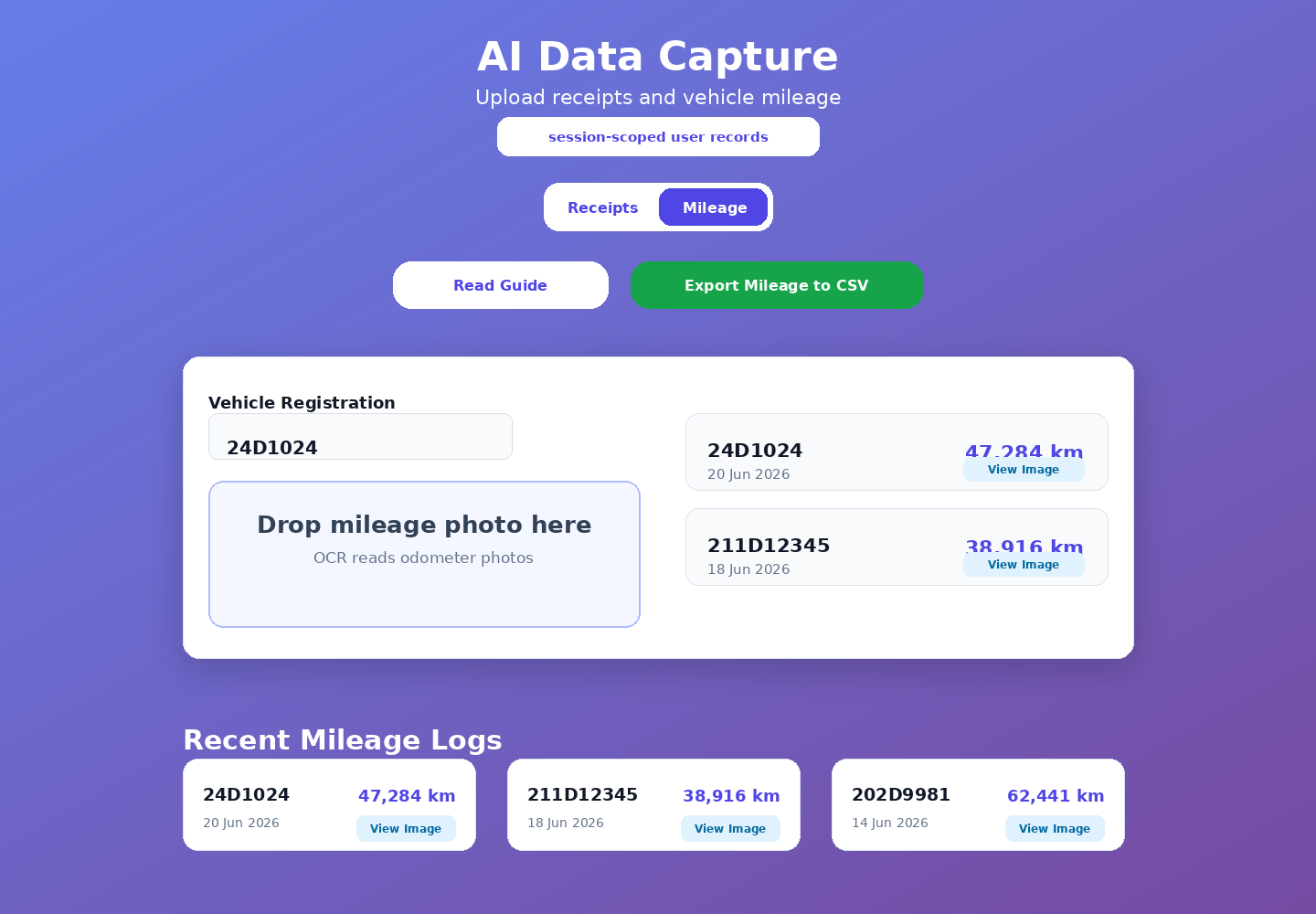 AI Receipt Scanner mileage capture screen with vehicle registration, upload and odometer logs