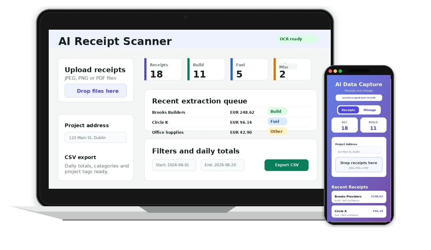 AI Receipt Scanner receipt and mileage capture dashboard mockup