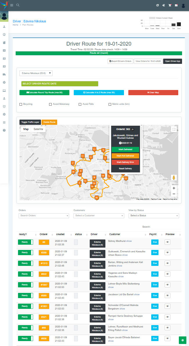 AtoZ delivery route management screen
