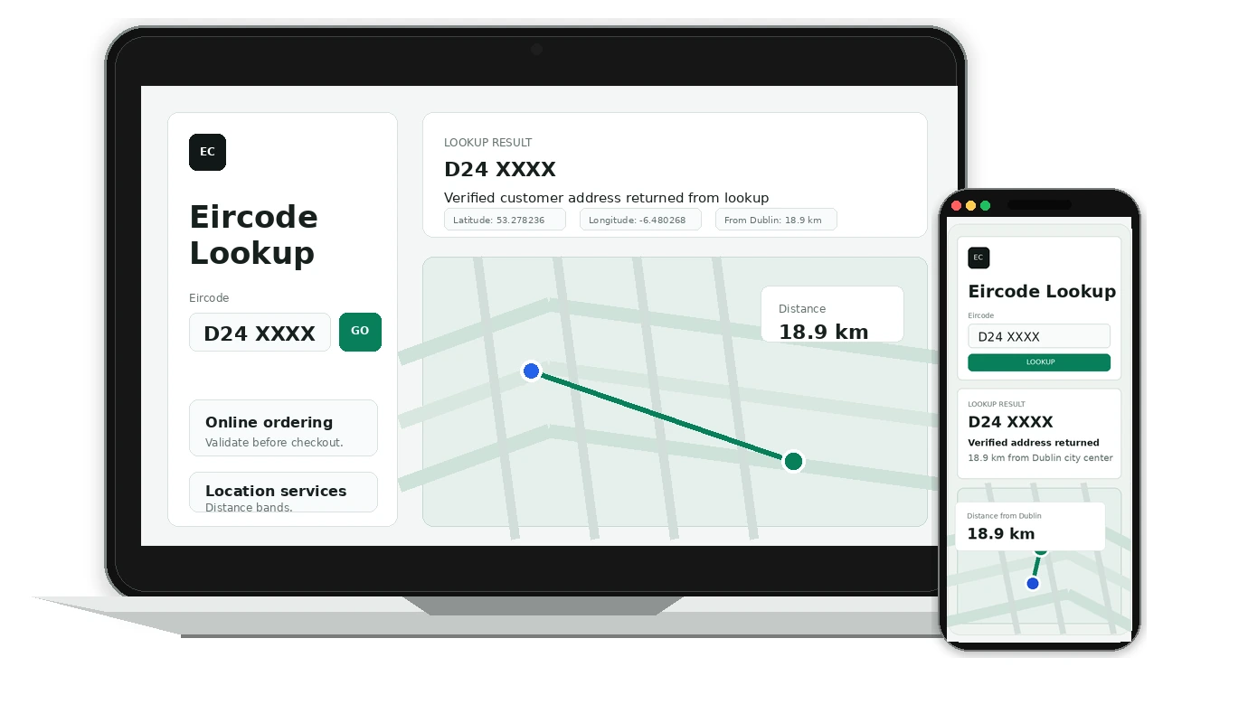 Eircode lookup demo desktop and mobile mockup with Leaflet map and distance calculation