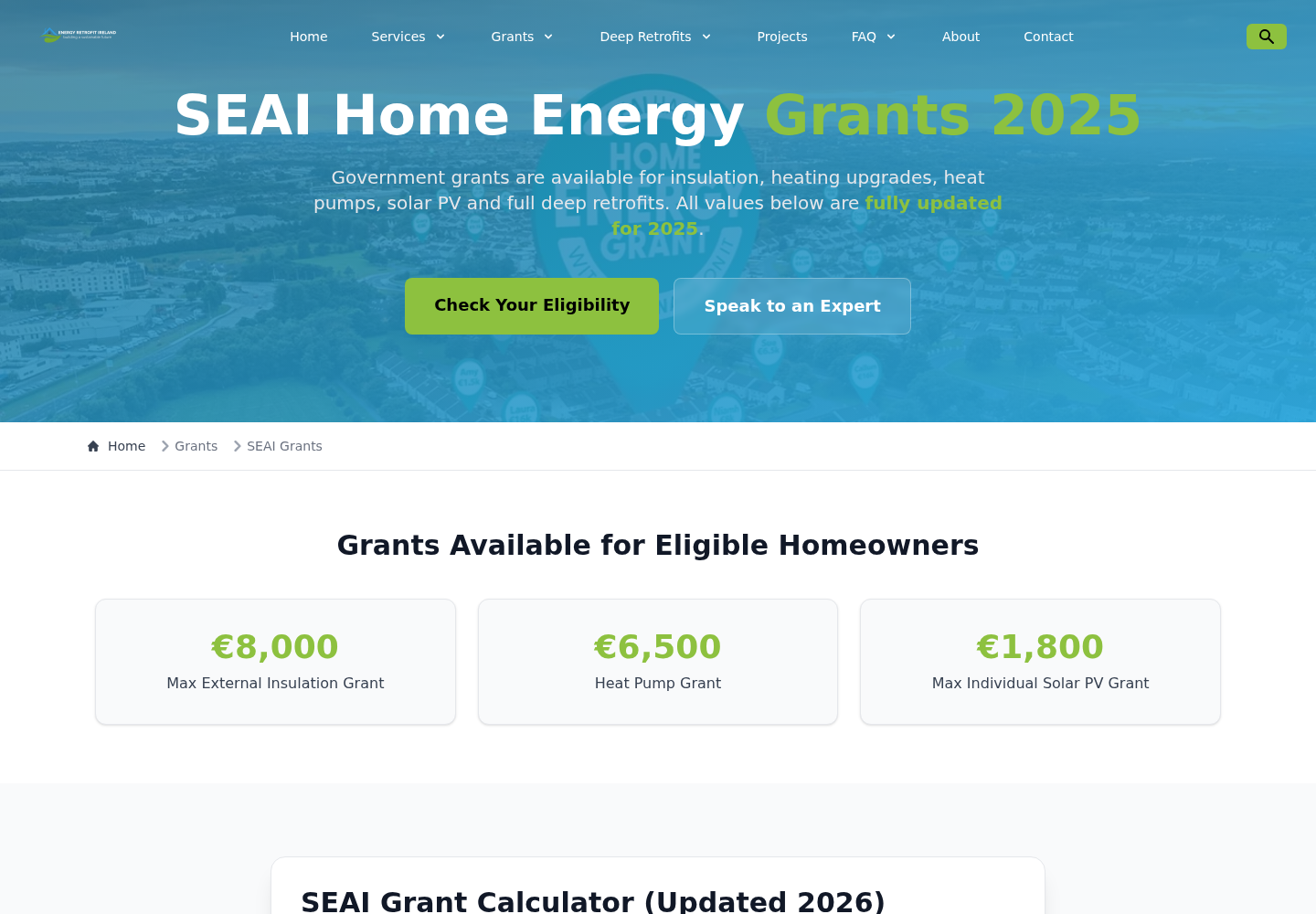 Energy Retrofit Ireland SEAI grants page screenshot
