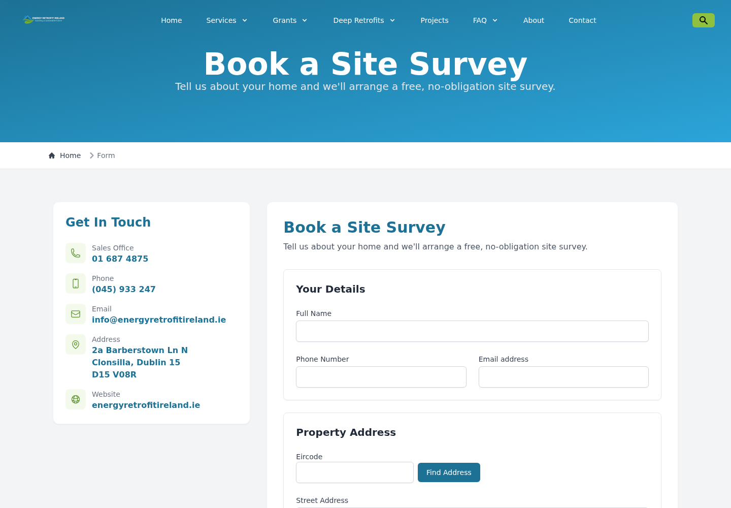 Energy Retrofit Ireland site survey booking form screenshot