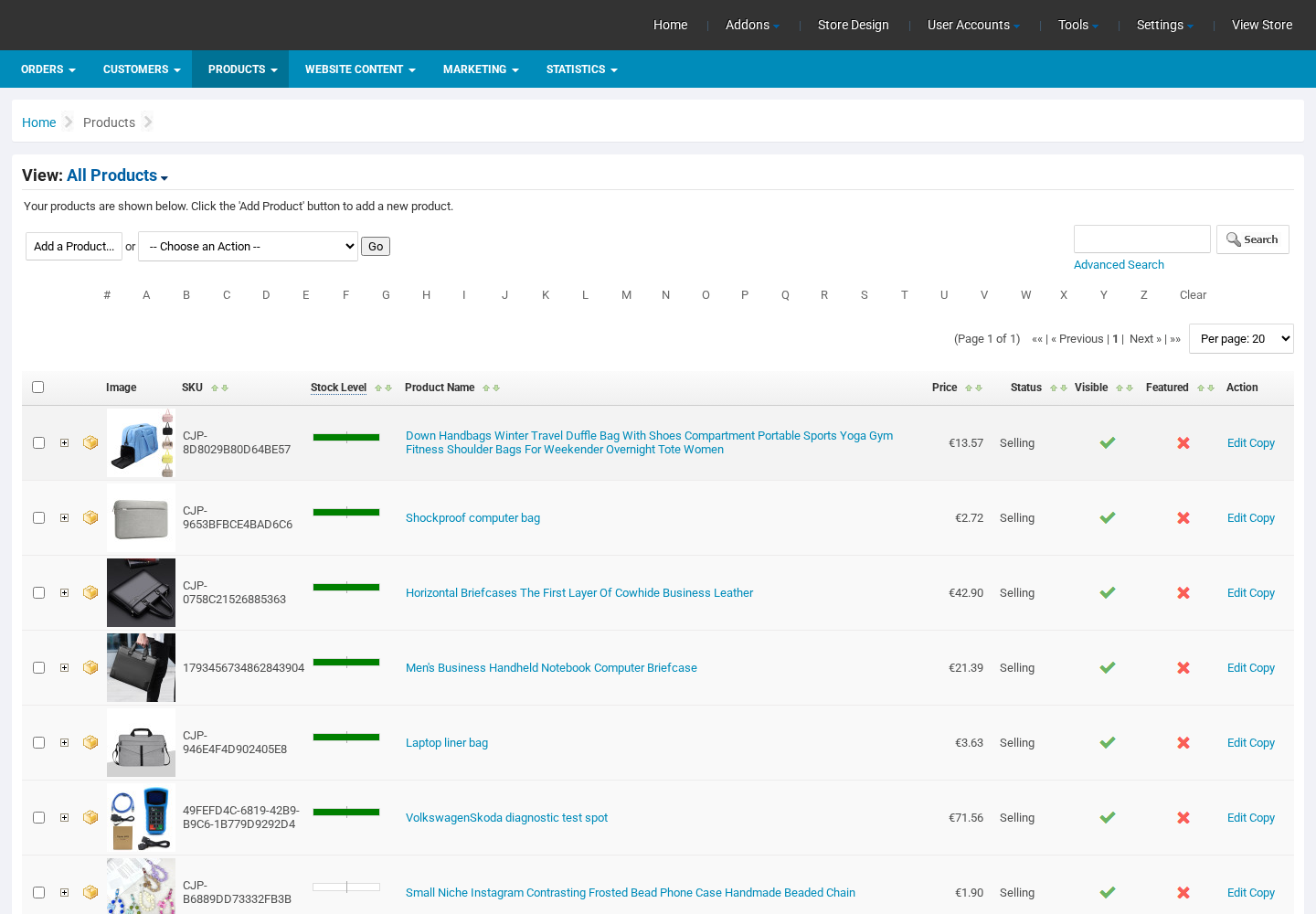 Product management screen inside the upgraded Interspire admin panel