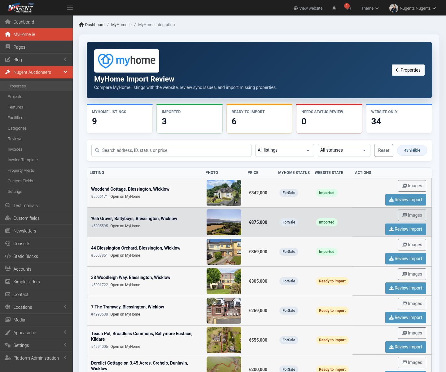 MyHome feed review and import controls from the real estate admin panel