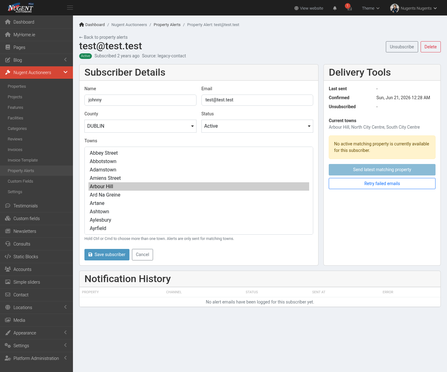 Property alert setup and review view from the real estate admin panel