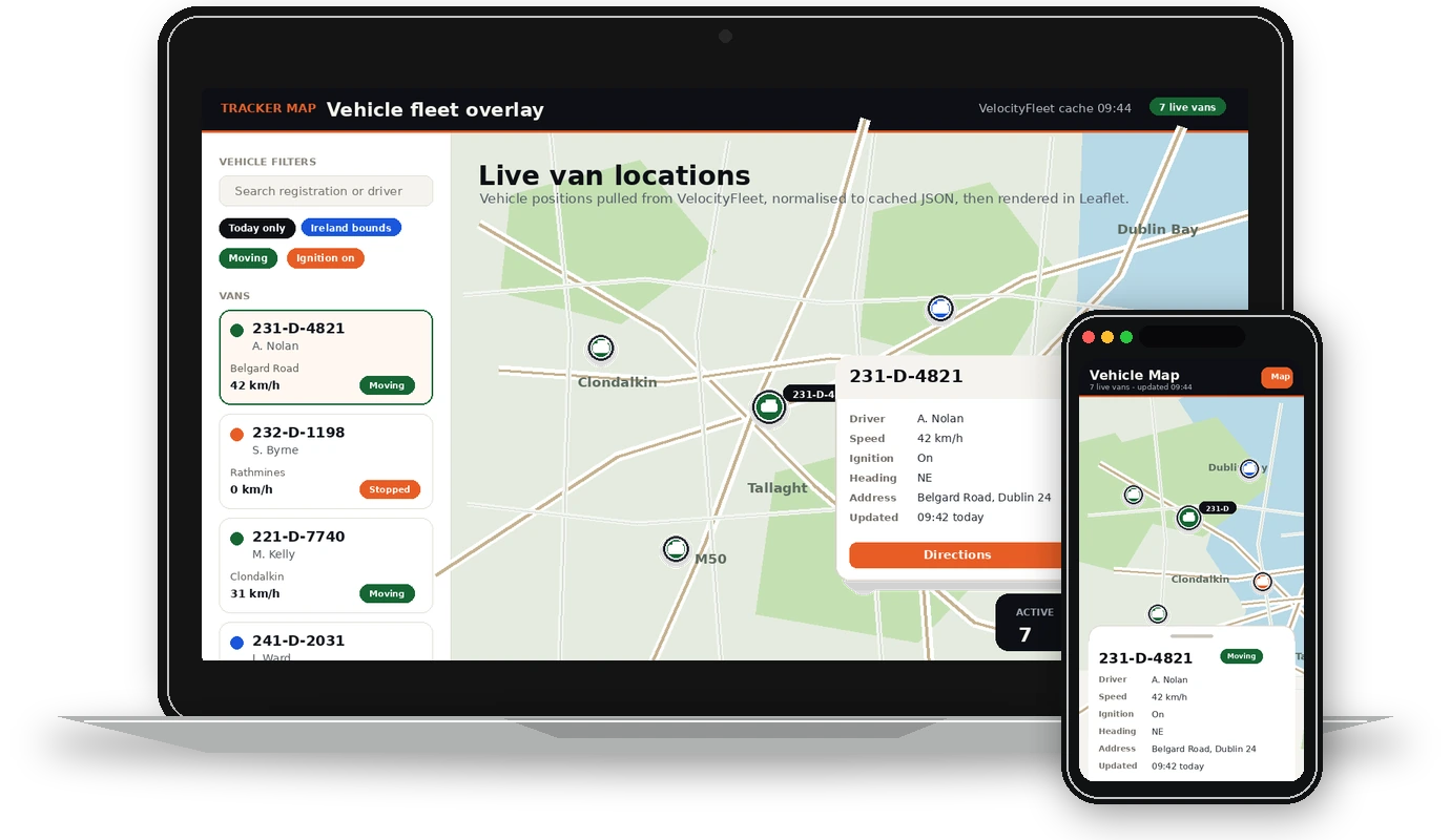 Vehicle fleet tracking map laptop and mobile mockup