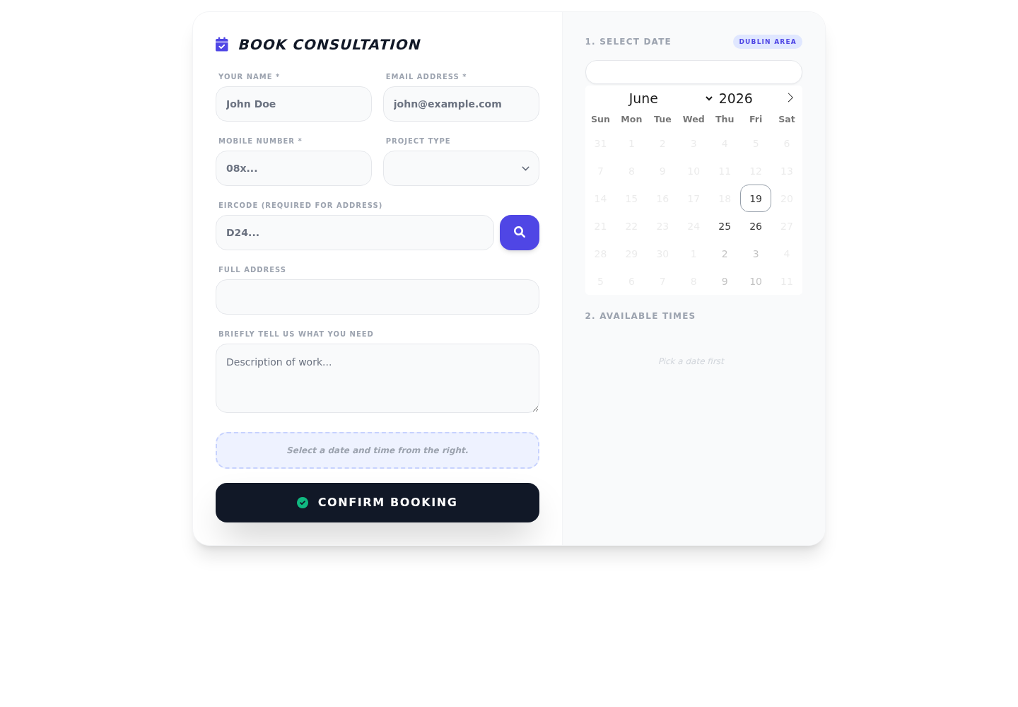 TradeOps HQ public booking and scheduling screen