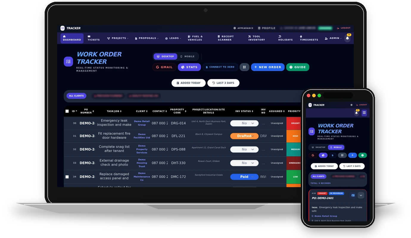 TradeOps HQ desktop and mobile dashboard mockup