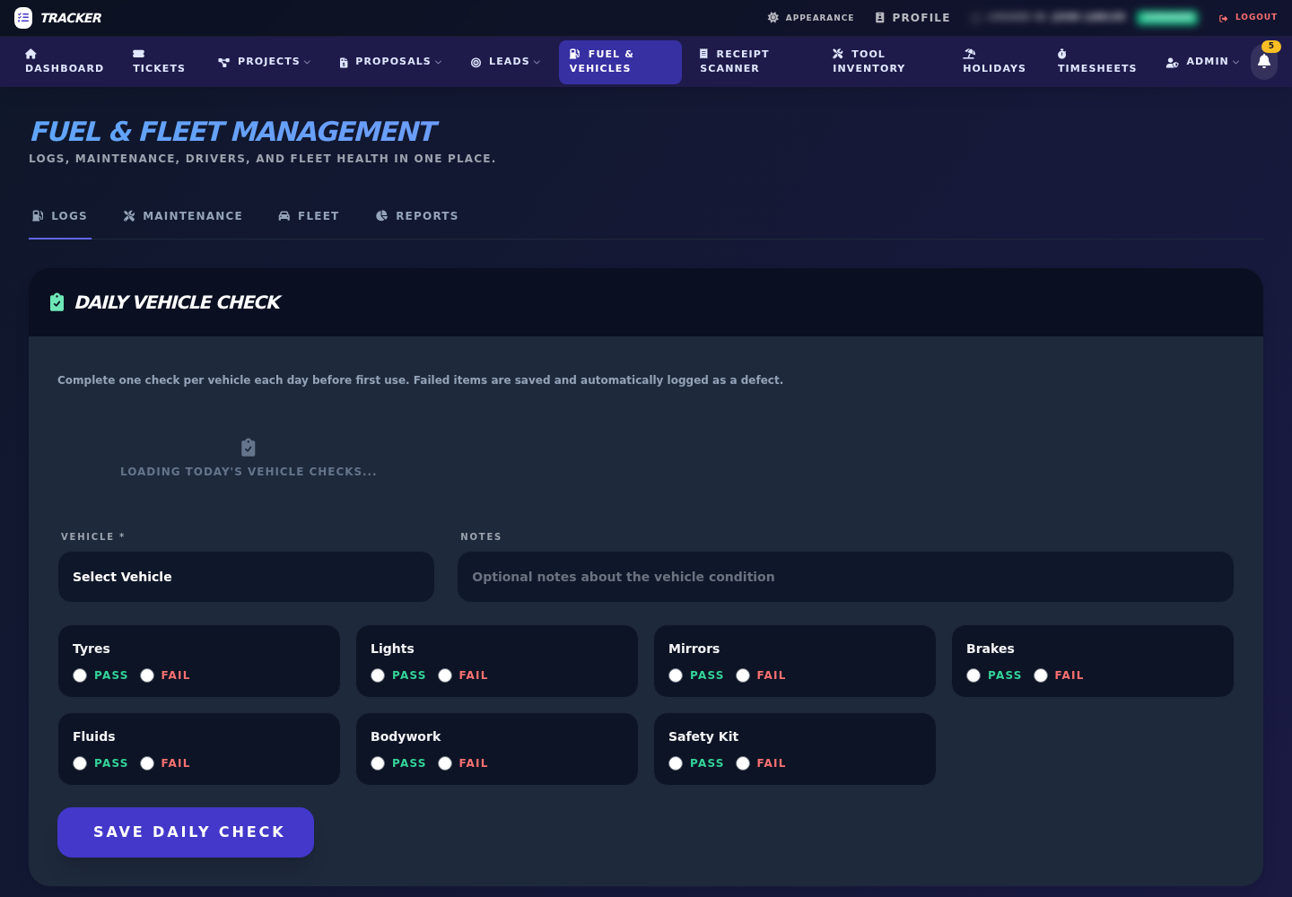Work Order Tracker fuel and fleet management module with daily vehicle check workflow