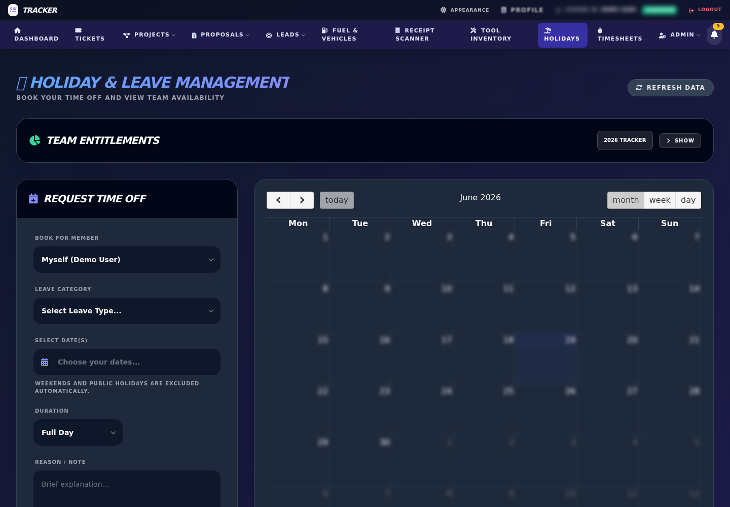 Work Order Tracker holiday and leave management module with request form and team calendar