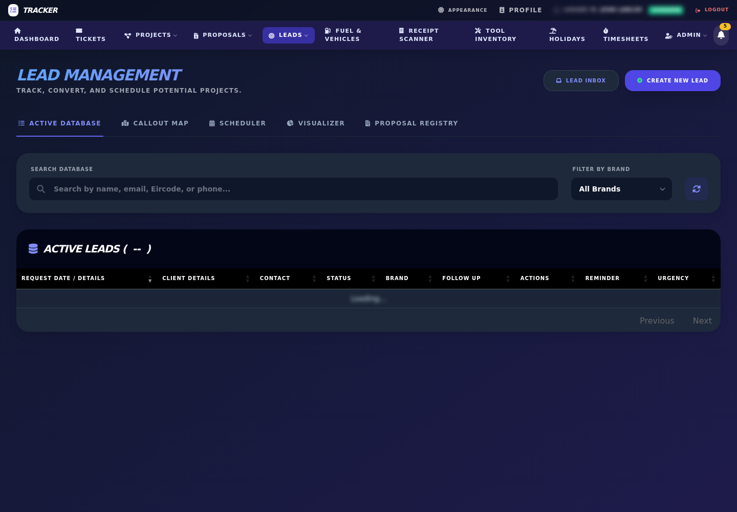Work Order Tracker lead management module with search, brand filters and lead table