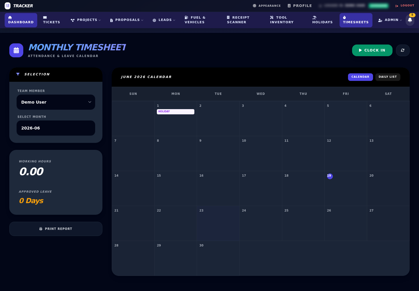 Work Order Tracker monthly timesheet module with attendance calendar and clock-in controls